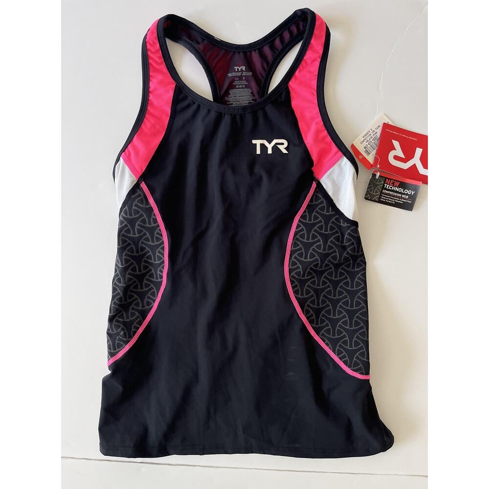 TYR Tank Top Womens S Black Pink Competitor Tri Swim Compression Racerback NWT